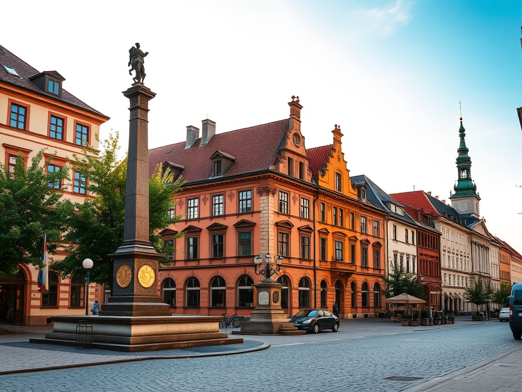 Panorama Radomska z widocznymi zabytkowymi budynkami i zielenią miejską.